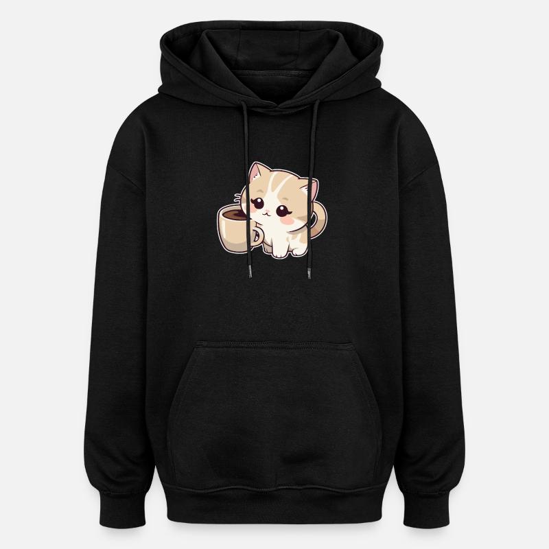 Kitten with coffee cup - Oversized Unisex Hoodie - black