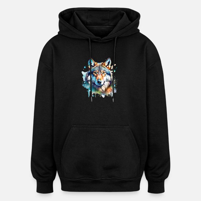 Aquarelle Loup Portrait - Sweat à capuche oversize unisexe - noir