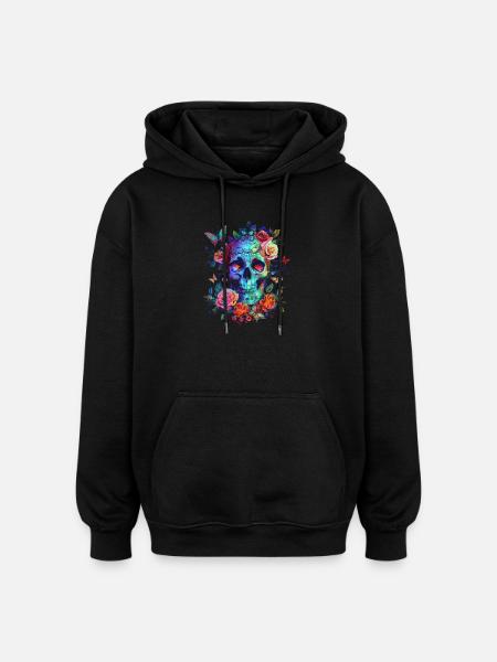 Crâne avec fleurs et papillon - Sweat à capuche oversize unisexe - noir