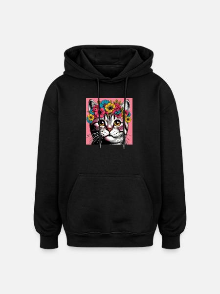 Chat avec des fleurs - Sweat à capuche oversize unisexe - noir