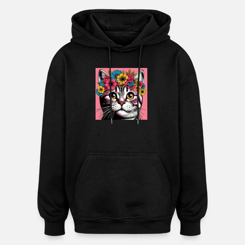 Katze mit Blumen - Oversized Unisex Hoodie - Schwarz
