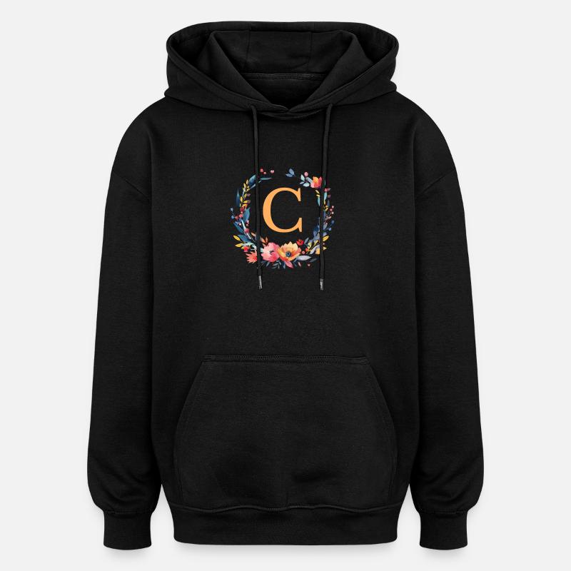 C Monogram, Flower Wreath, Personalizable - Oversized Unisex Hoodie - black