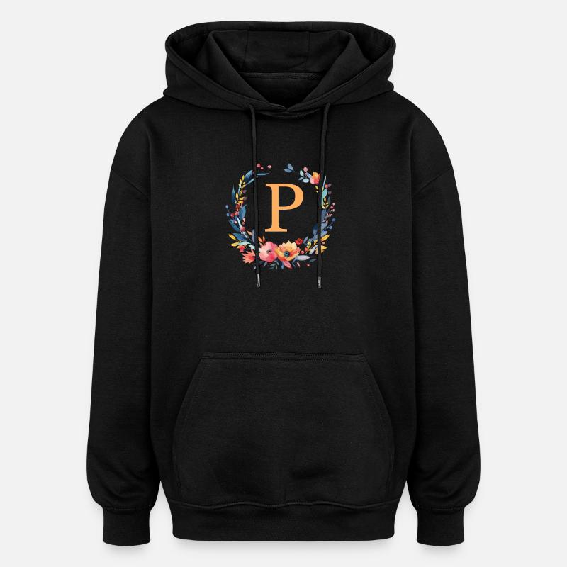 P Monogram, Couronne de fleurs, Personnalisable - Sweat à capuche oversize unisexe - noir