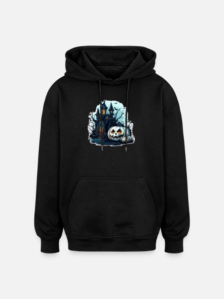 Haunted house with glowing pumpkins - Oversized Unisex Hoodie - black