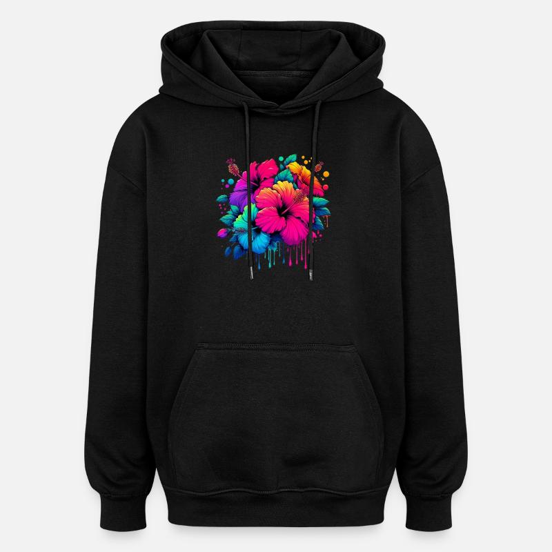 Fleurs d’hibiscus - Sweat à capuche oversize unisexe - noir