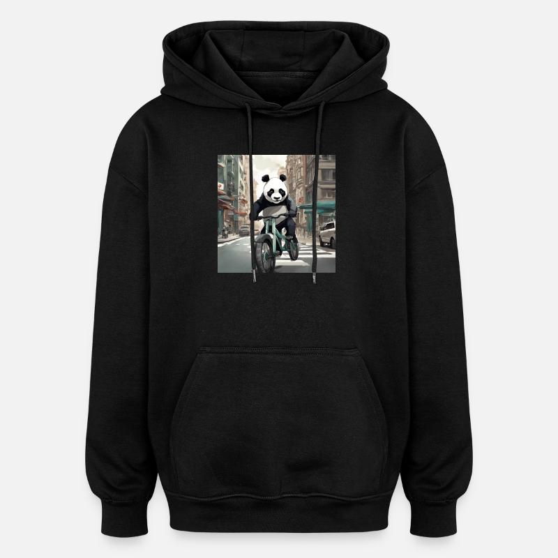 Panda à vélo en ville - Sweat à capuche oversize unisexe - noir