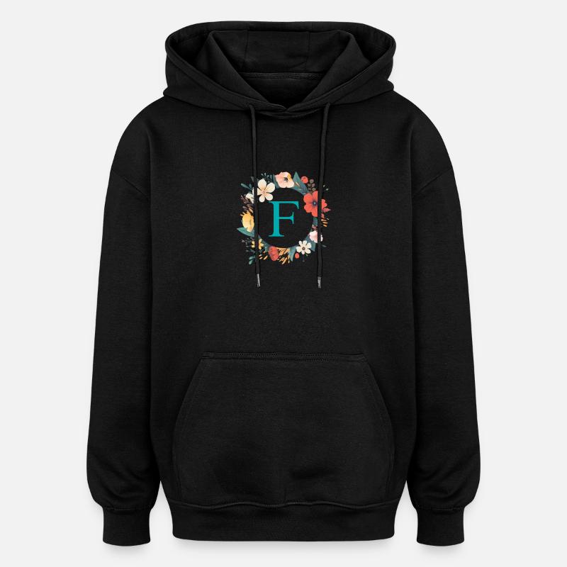 F Monogramm, Blumen-Kranz, personalisierbar - Oversized Unisex Hoodie - Schwarz