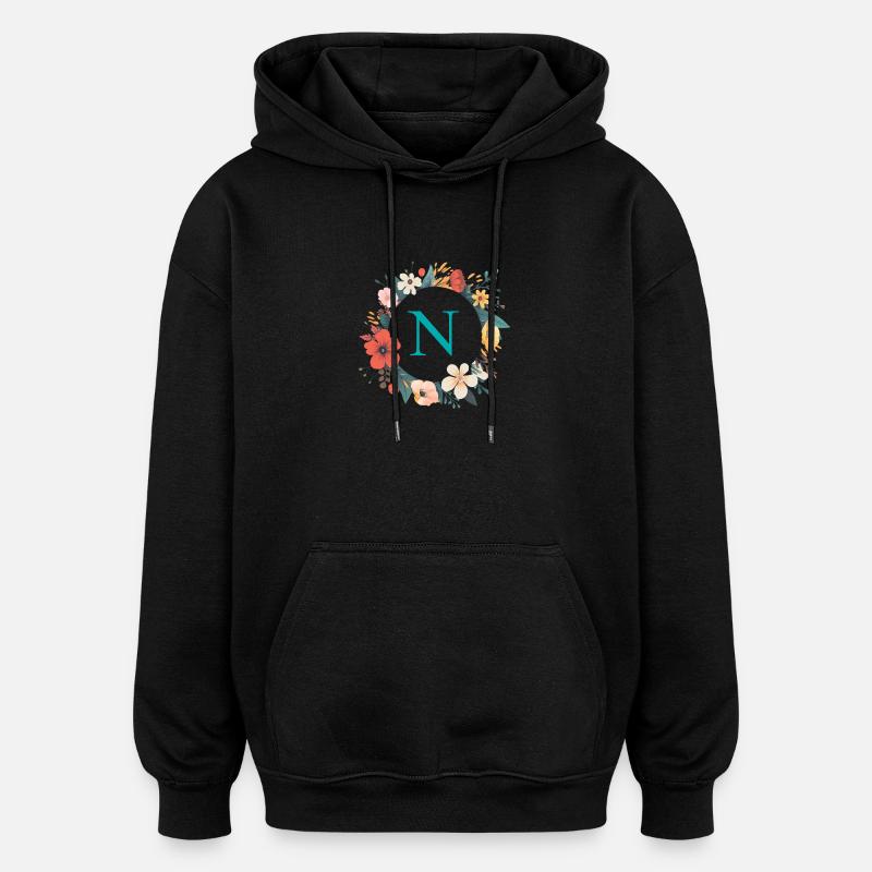 N Monogram, Couronne de fleurs, Personnalisable - Sweat à capuche oversize unisexe - noir