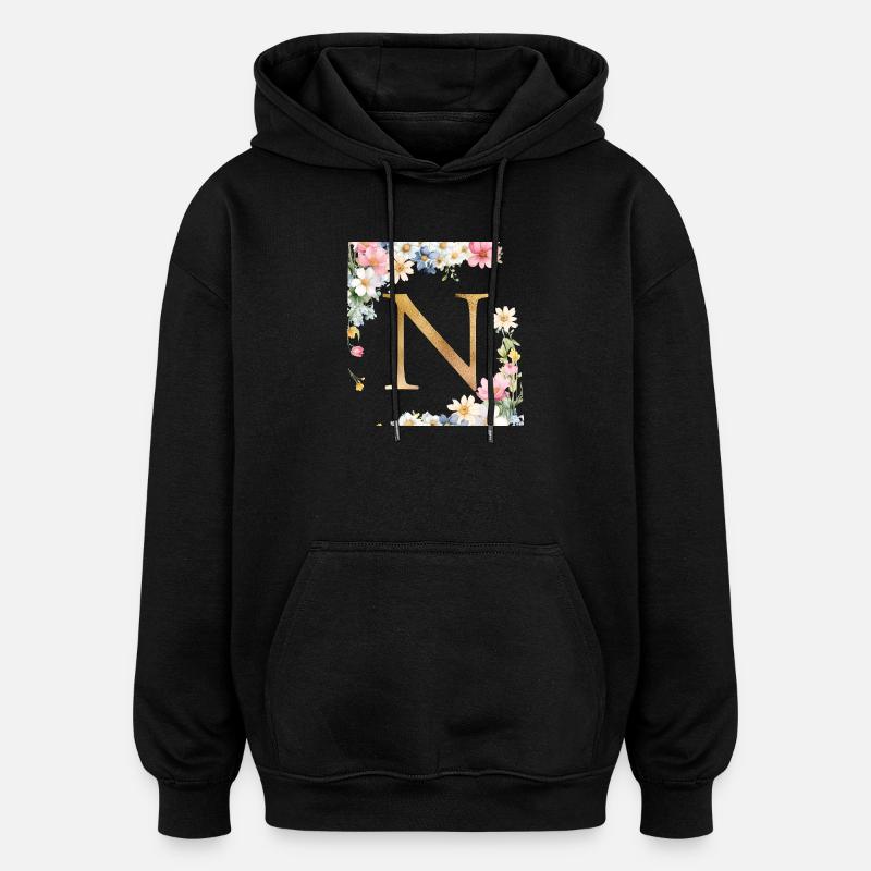 N Monogram, Floral, Personalizable - Oversized Unisex Hoodie - black
