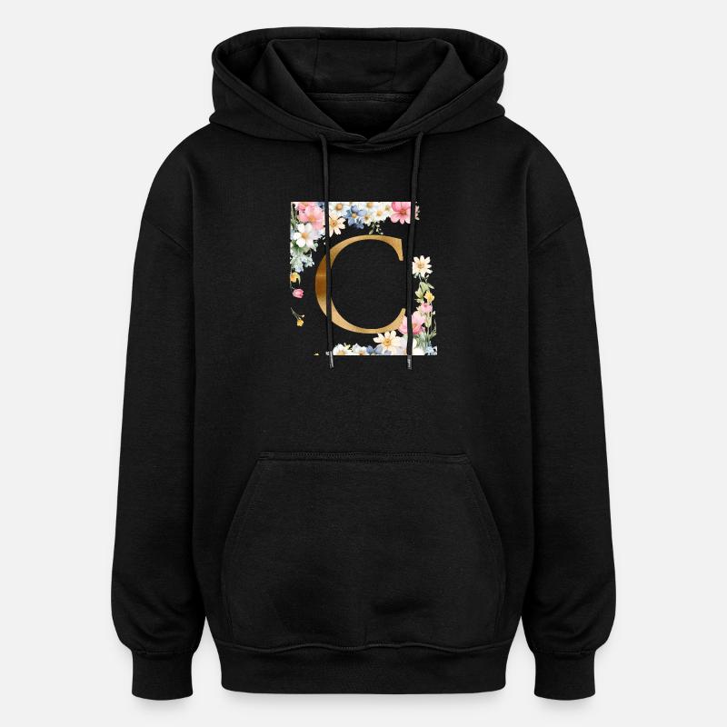 C Monogram, Floral, Customizable - Oversized Unisex Hoodie - black