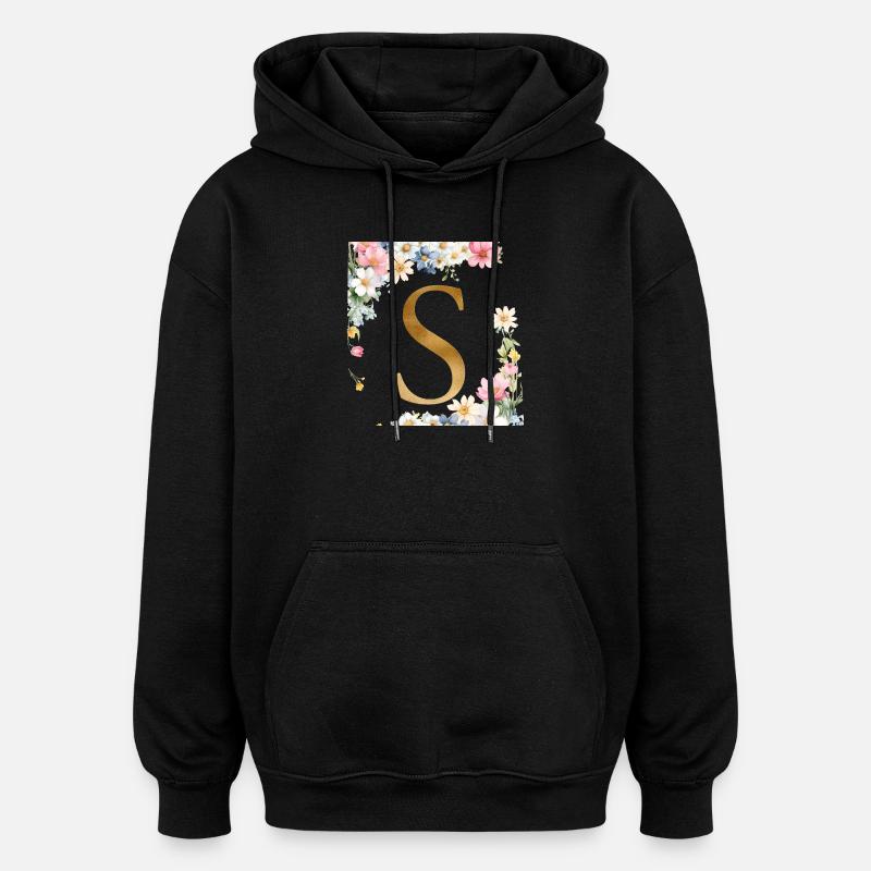 S Monogramme, Floral, Personnalisable - Sweat à capuche oversize unisexe - noir