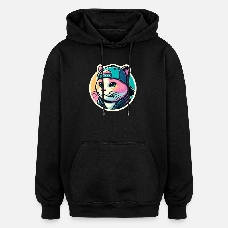Chat avec casquette en pastel - Sweat à capuche oversize unisexe - noir