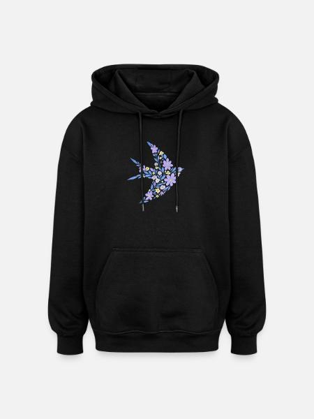 Nordisch Floral - Hellvioletter Vogel - Oversized Unisex Hoodie - Schwarz