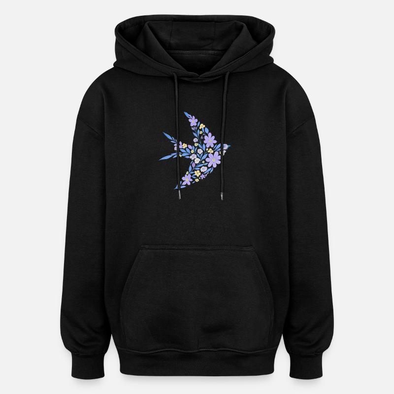 Nordisch Floral - Hellvioletter Vogel - Oversized Unisex Hoodie - Schwarz