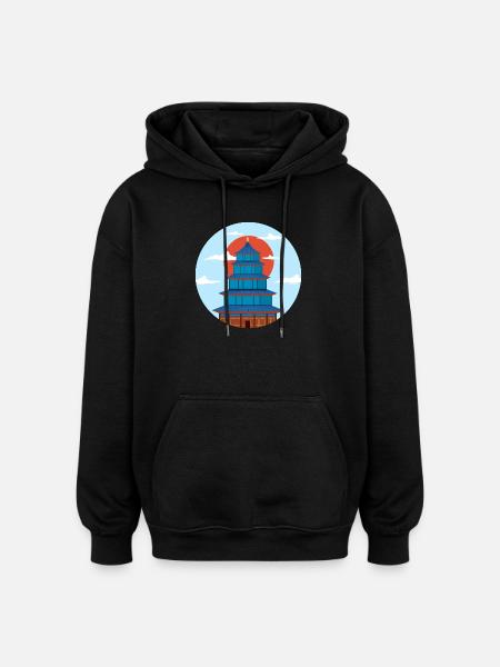 Traditional Blue and Orange Pagoda - Oversized Unisex Hoodie - black