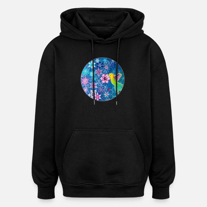 Colibri et fleurs à géométrie sacrée - Sweat à capuche oversize unisexe - noir