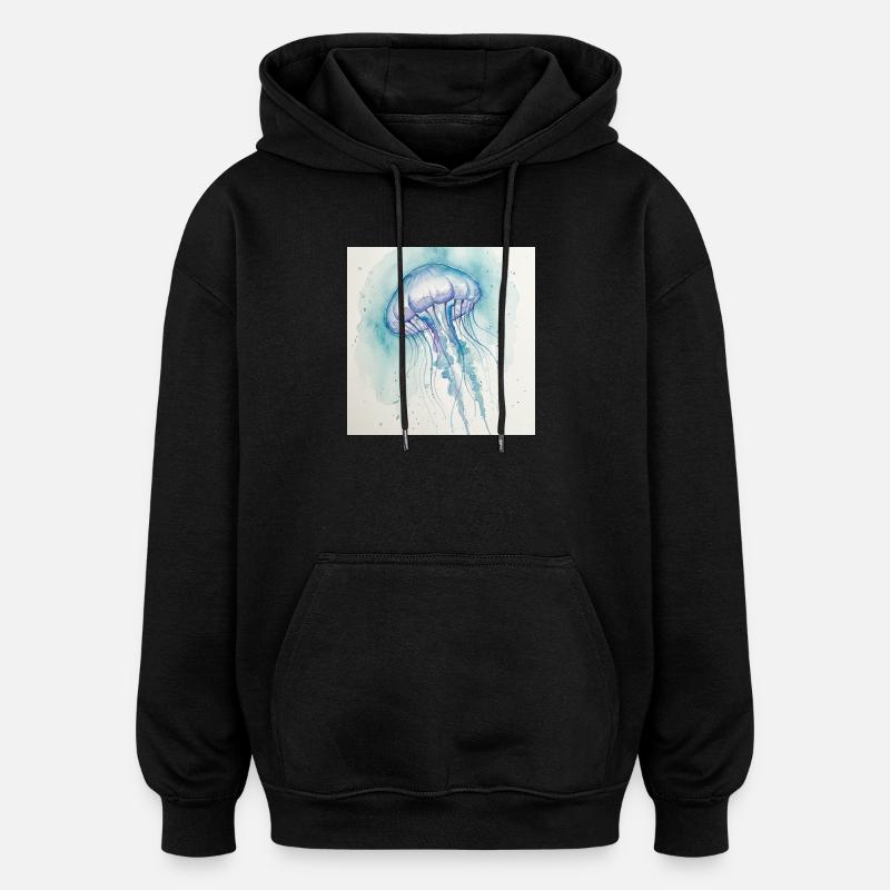 Aquarelle de Méduse, Bleu Océan - Sweat à capuche oversize unisexe - noir