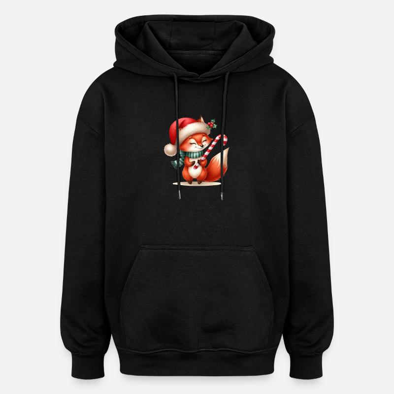 Festive Fox with Candy Cane - Oversized Unisex Hoodie - black