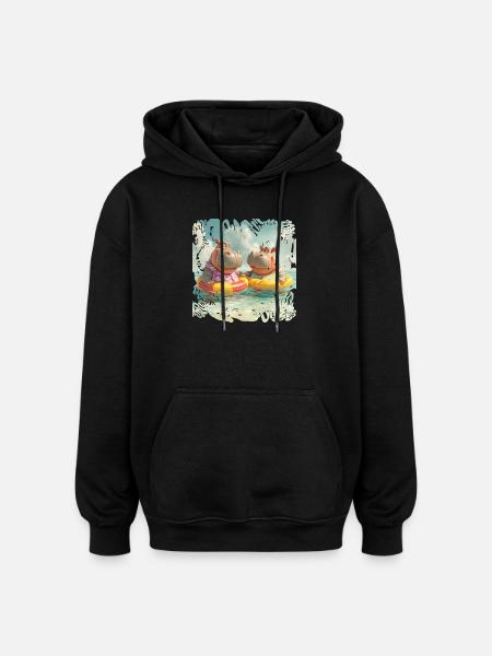 Südsee-Hippos im Schwimmreifen - Oversized Unisex Hoodie - Schwarz