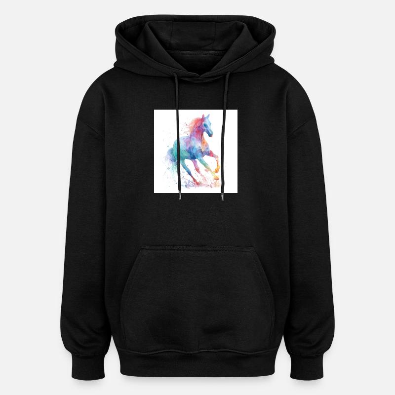 Regenbogen-Aquarellpferd - Oversized Unisex Hoodie - Schwarz