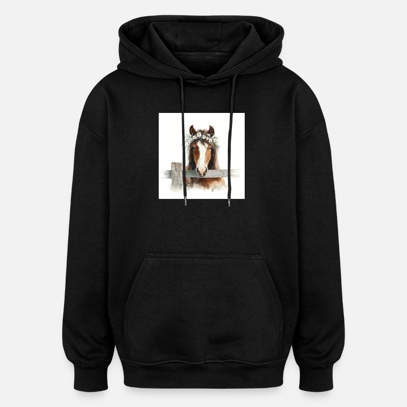 Aquarellpferd mit Blumenkrone - Oversized Unisex Hoodie - Schwarz