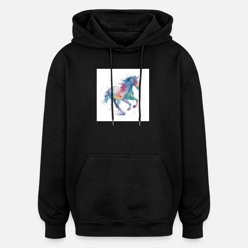 Regenbogengalopp-Aquarellpferd - Oversized Unisex Hoodie - Schwarz