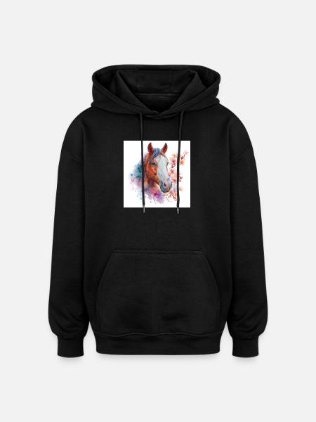 Cheval aquarelle avec des fleurs - Sweat à capuche oversize unisexe - noir