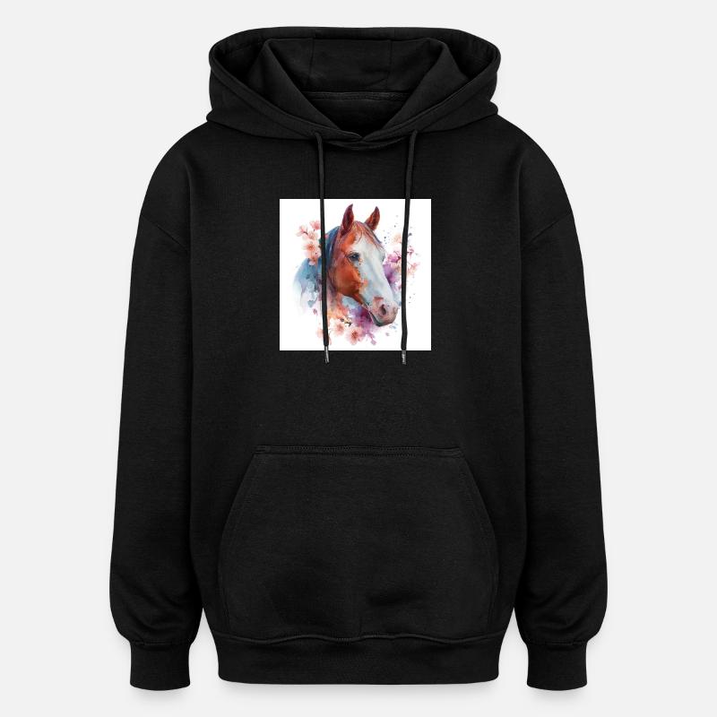Cheval aquarelle florale - Sweat à capuche oversize unisexe - noir