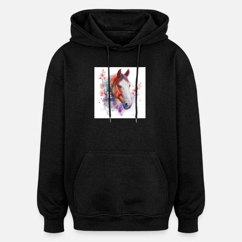 Aquarell Pferd und Blüten - Oversized Unisex Hoodie - Schwarz