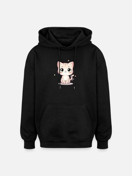 Cute Kawaii Cat Illustration - Chibi Kitten - Oversized Unisex Hoodie - black