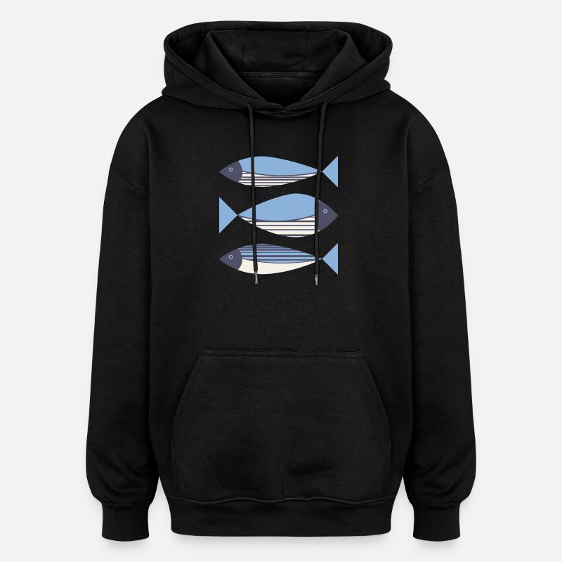 Illustrierte Grafik Fisch Blau - Oversized Unisex Hoodie - Schwarz