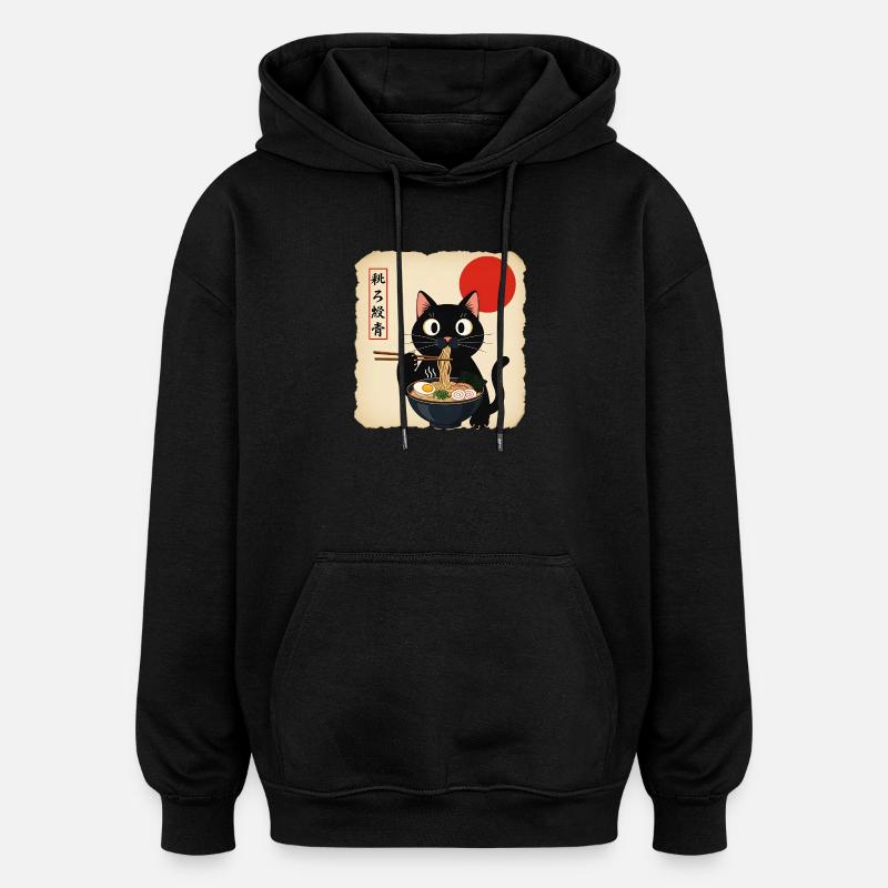 Cat soup with red sun - Oversized Unisex Hoodie - black
