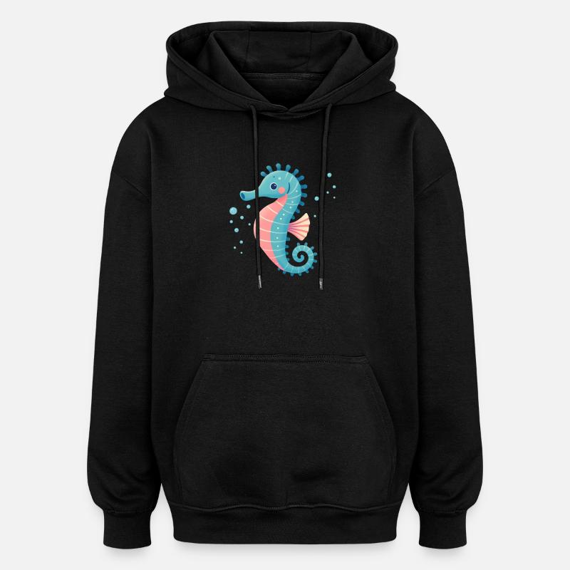 Sjöhäst i turkos och rosa - Oversized luvtröja unisex - svart