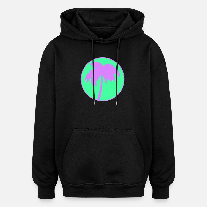 Neon Palm Tree Circle Silhouette - Oversized Unisex Hoodie - black