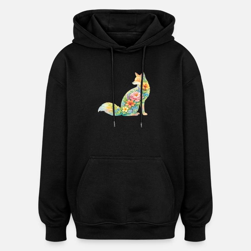 Fiori in forma di silhouette di acquerello di volpe - Felpa con cappuccio unisex oversize - nero