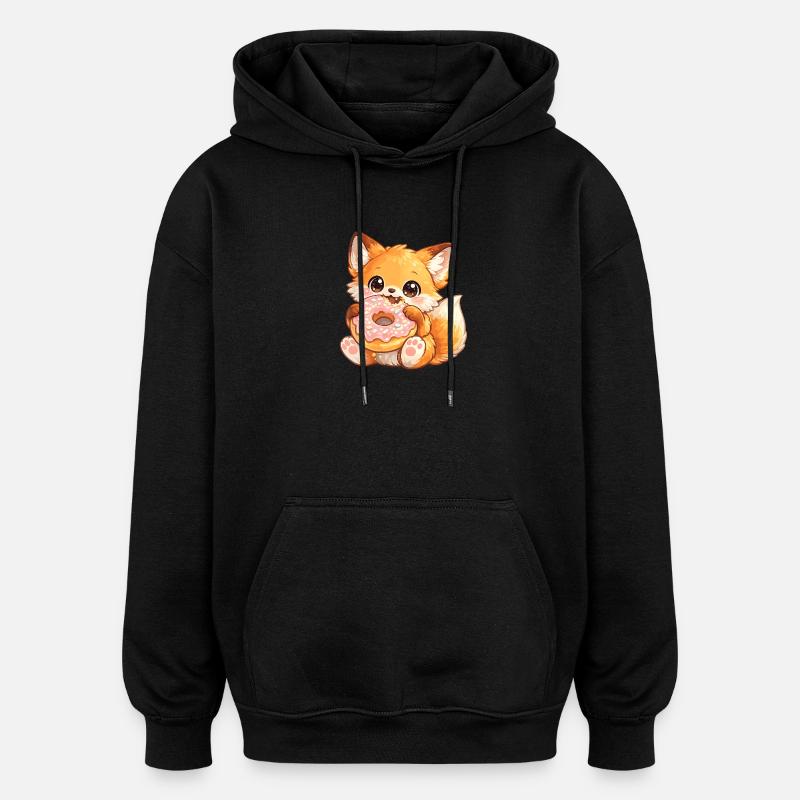 Petit renard avec un donut - Sweat à capuche oversize unisexe - noir