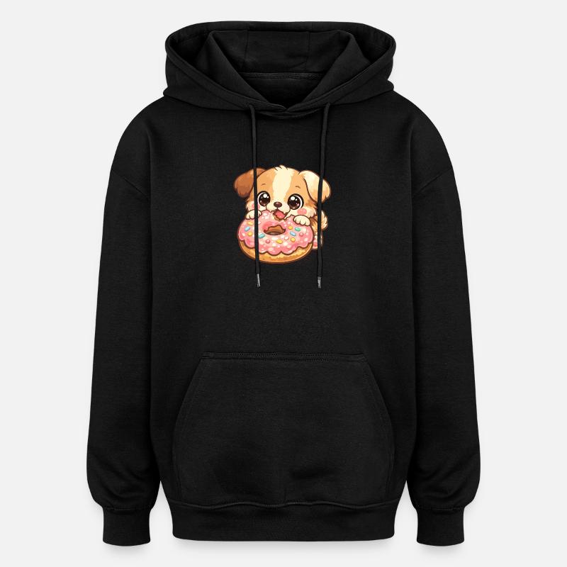 Petit chien et beignet - Sweat à capuche oversize unisexe - noir