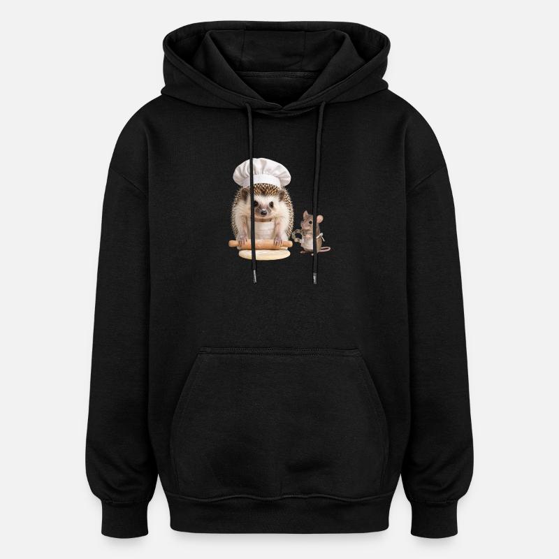 Boulanger hérisson avec aide souris - Sweat à capuche oversize unisexe - noir