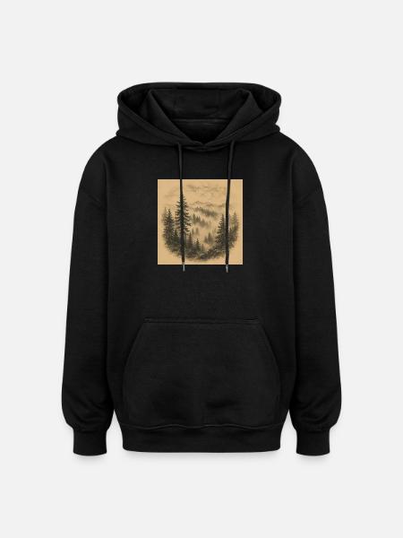 Sepia Forest Mist Landscape - Oversized Unisex Hoodie - black
