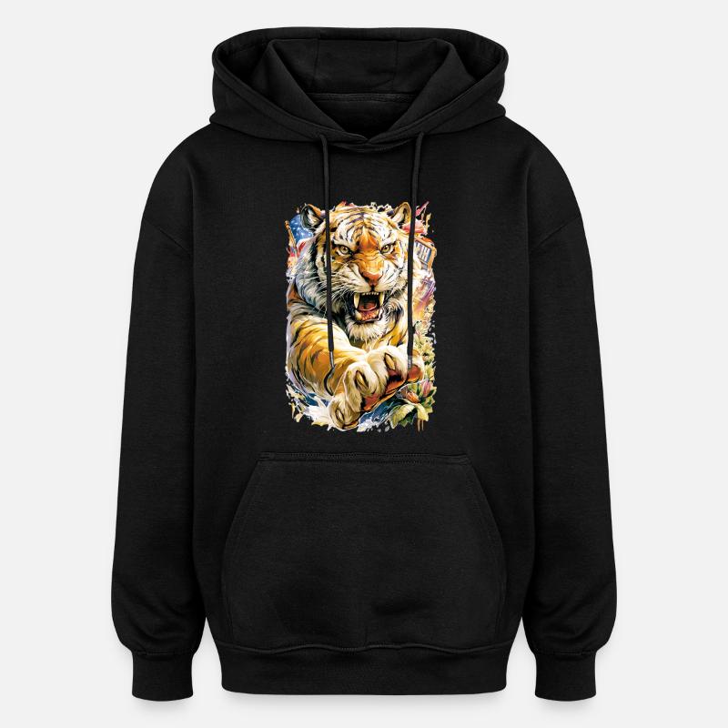 Tigre aux fleurs - Sweat à capuche oversize unisexe - noir