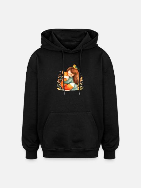 Tierfreundin mit Fuchs & Vogel – Süßes Comic-Motiv - Oversized Unisex Hoodie - Schwarz