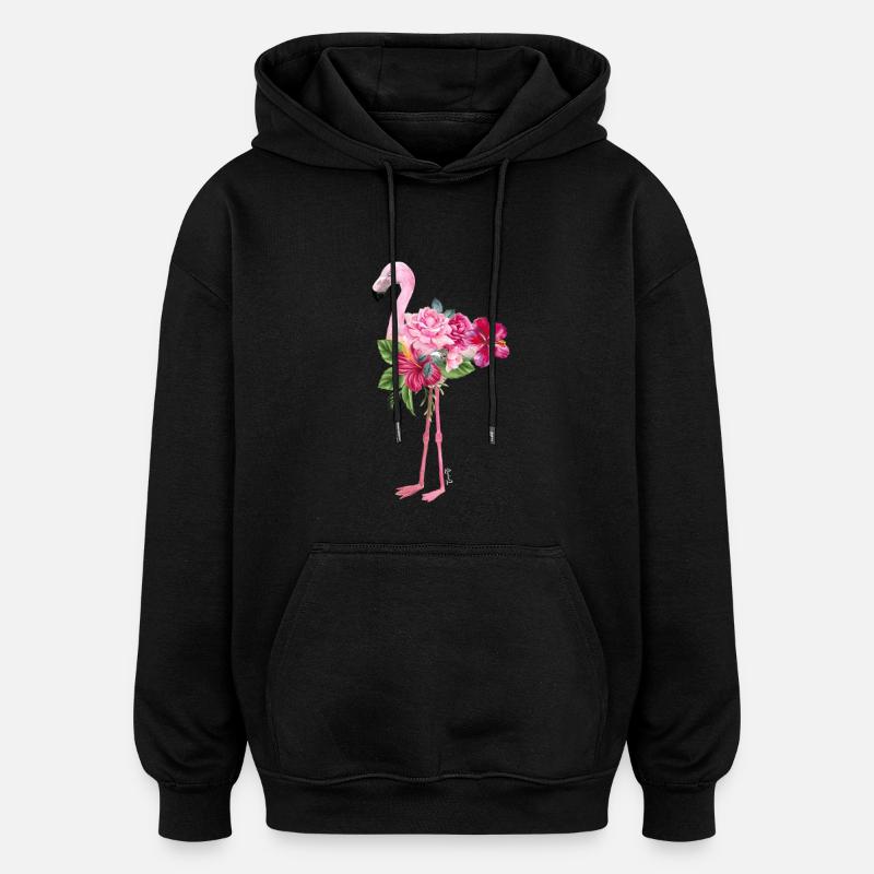 flamant rose avec des fleurs - Sweat à capuche oversize unisexe - noir