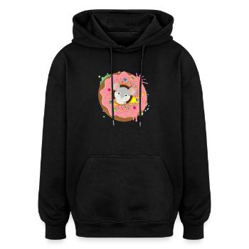 graue Maus sitzt im Donut mit rosa Glasur - Oversized Unisex Hoodie - Schwarz - Vorne - Noah (186cm)