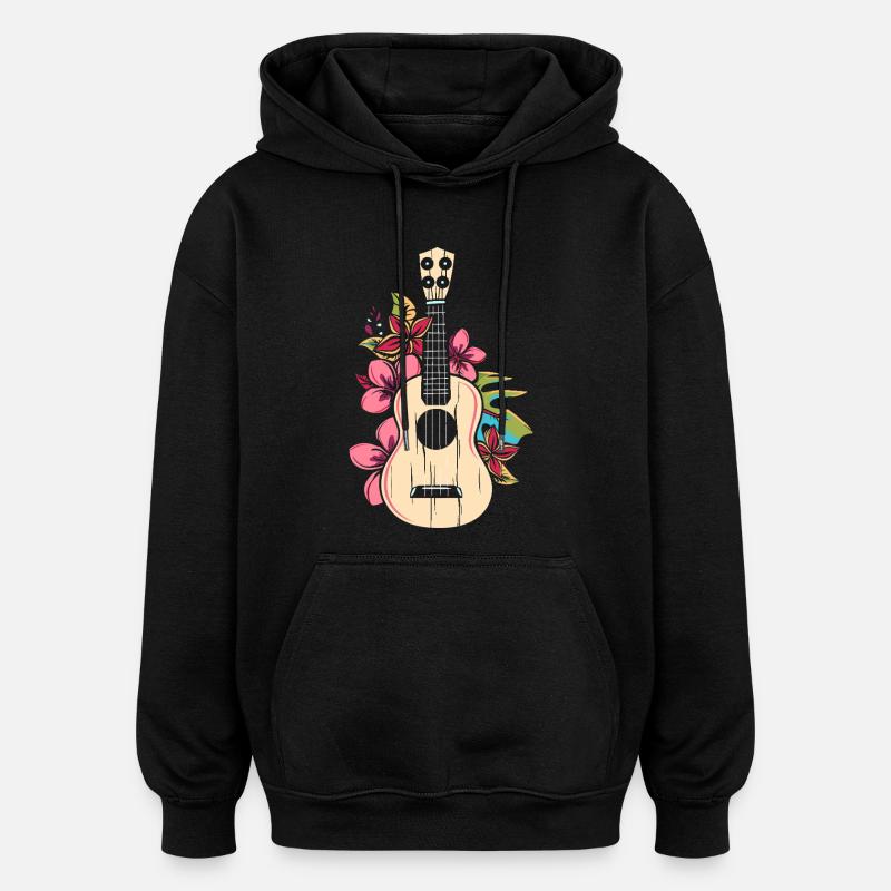 Ukulélé Dessin animé - Sweat à capuche oversize unisexe - noir