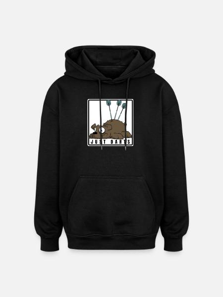Funny darts comic motif. JUST DARTS - Oversized Unisex Hoodie - black