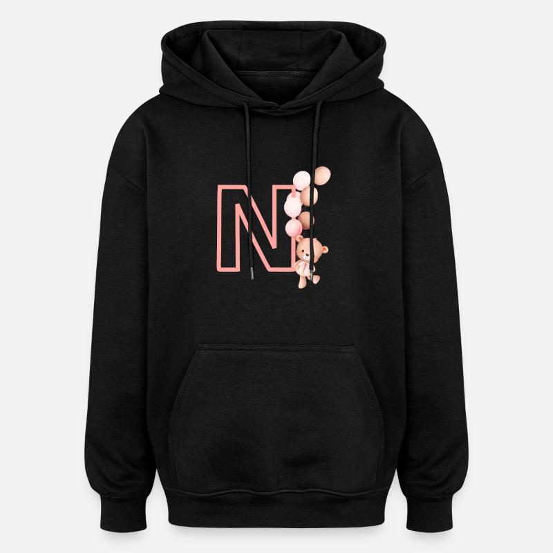 Lettre n rose ours - Sweat à capuche oversize unisexe - noir