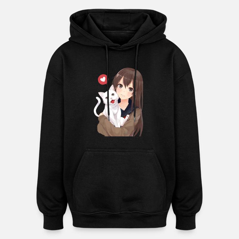 Fille avec le chat - Sweat à capuche oversize unisexe - noir