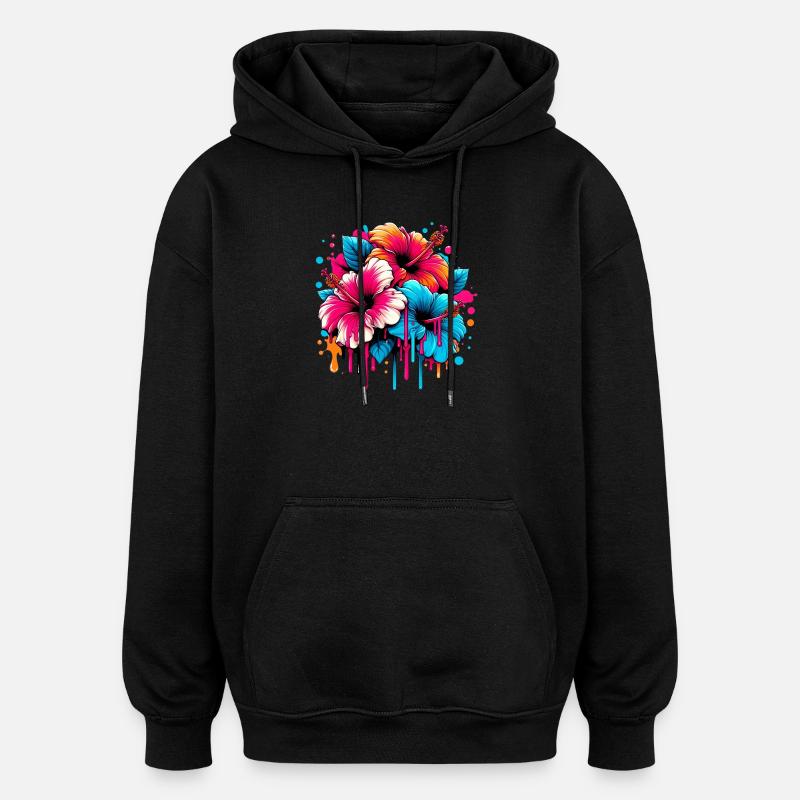 Fleurs d’hibiscus - Sweat à capuche oversize unisexe - noir
