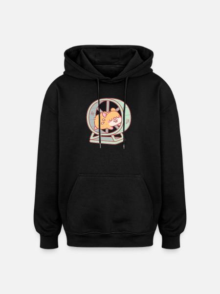 Cute Hamster Running on Wheel - Oversized Unisex Hoodie - black