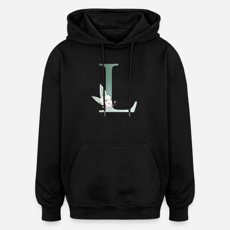 L Monogram, Floral, Personnalisable - Sweat à capuche oversize unisexe - noir